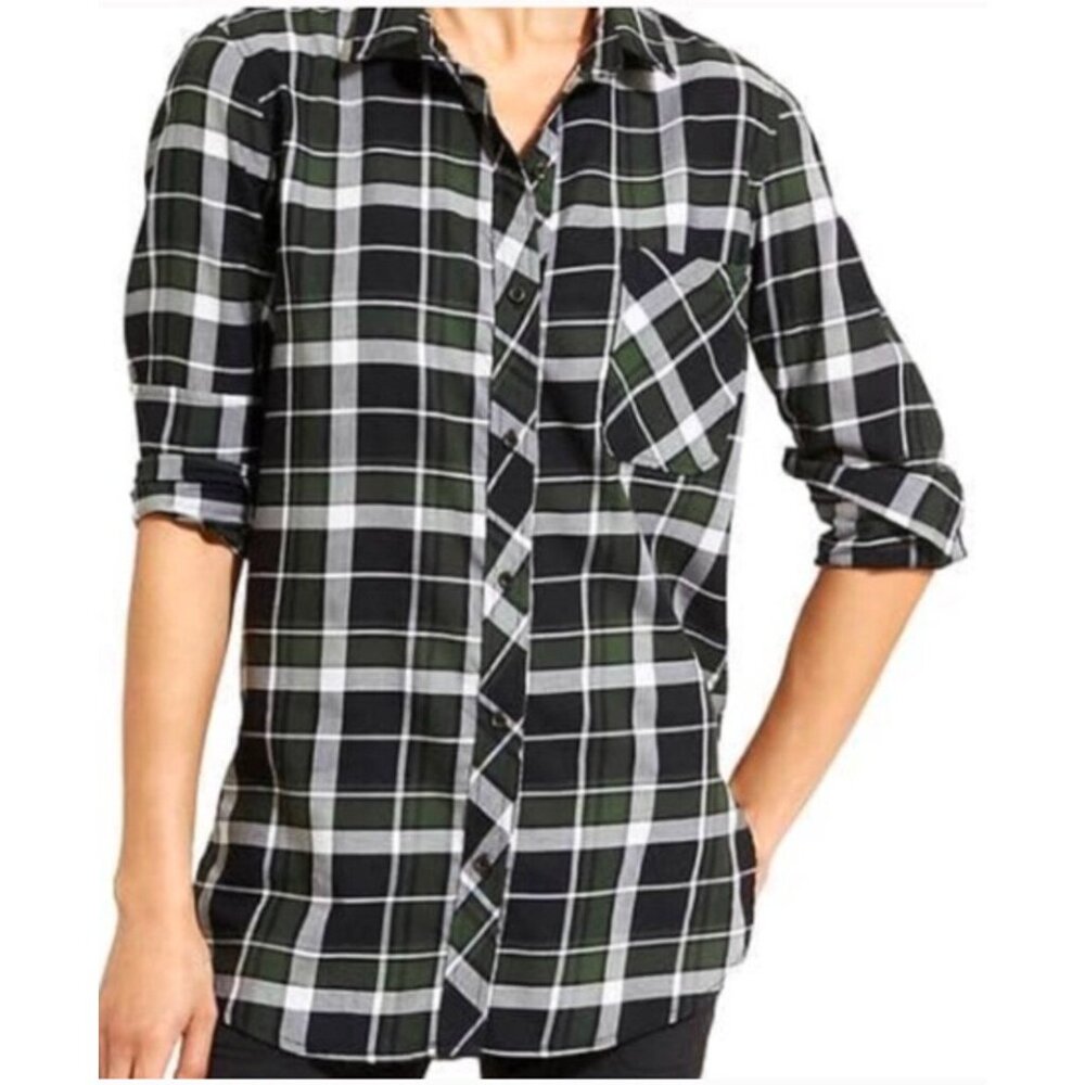 ATHLETA | Cotton Sierra Green Black Plaid Button Down Collared Shirt Top Blouse